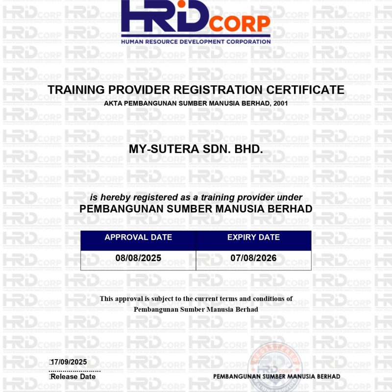 Pembangunan Sumber Manusia Berhad (PSMB) Training Provider Certificate